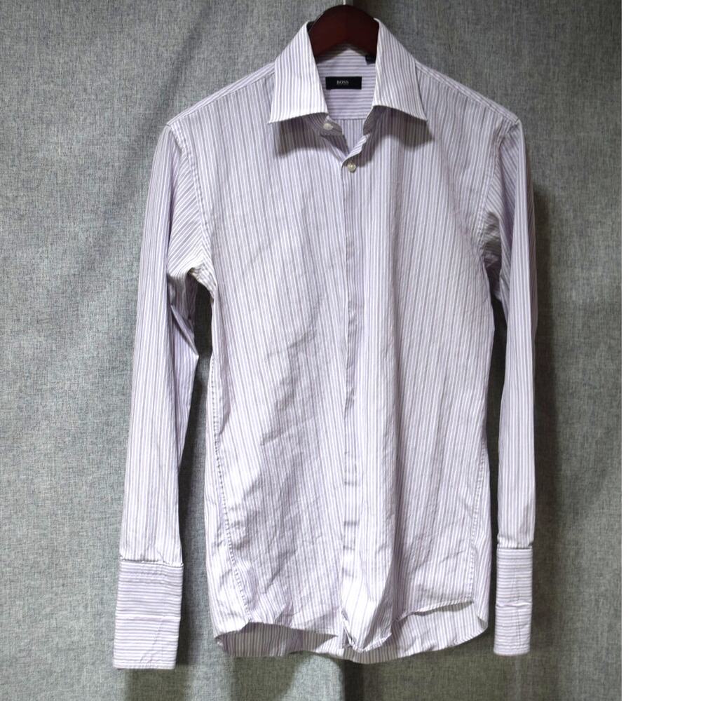 BOSS Hugo Boss Purple White Striped Dress Shirt 15.5 32/33 Slim Fit